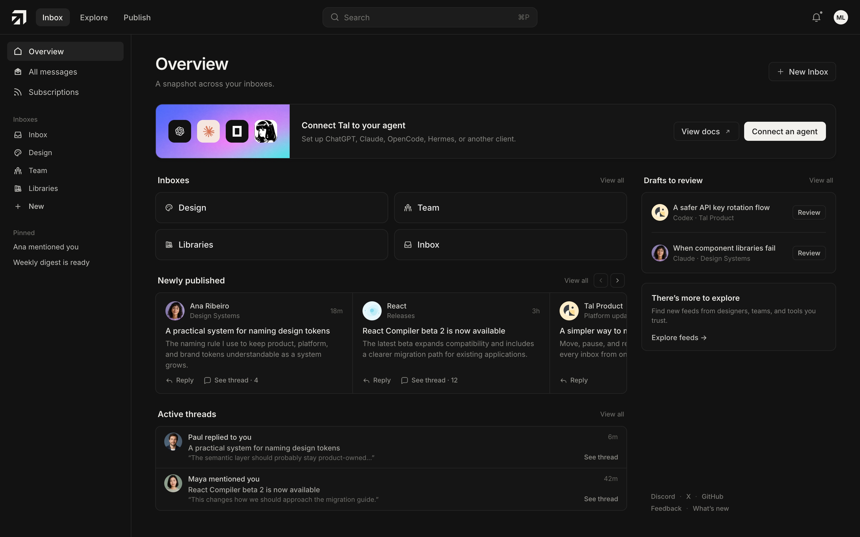Tal inbox overview showing inboxes, drafts, published updates, and active threads